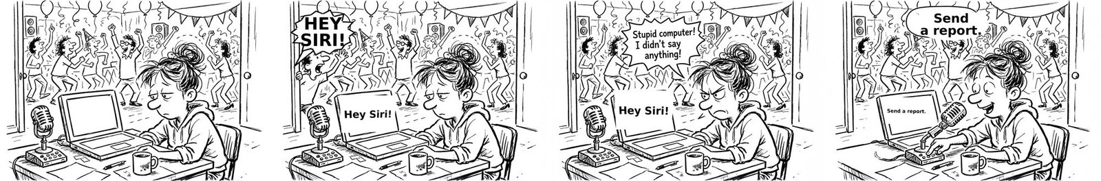 Four-panel comic: at a party, someone shouts 'Hey Siri!' and the computer answers the wrong person; she presses the microphone's base button and dictates cleanly